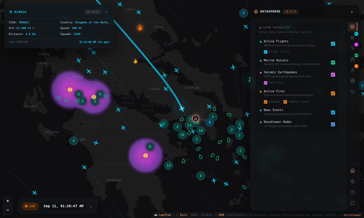 DataSphere map view with ships, flights, wildfires, earthquakes and weather over Europe