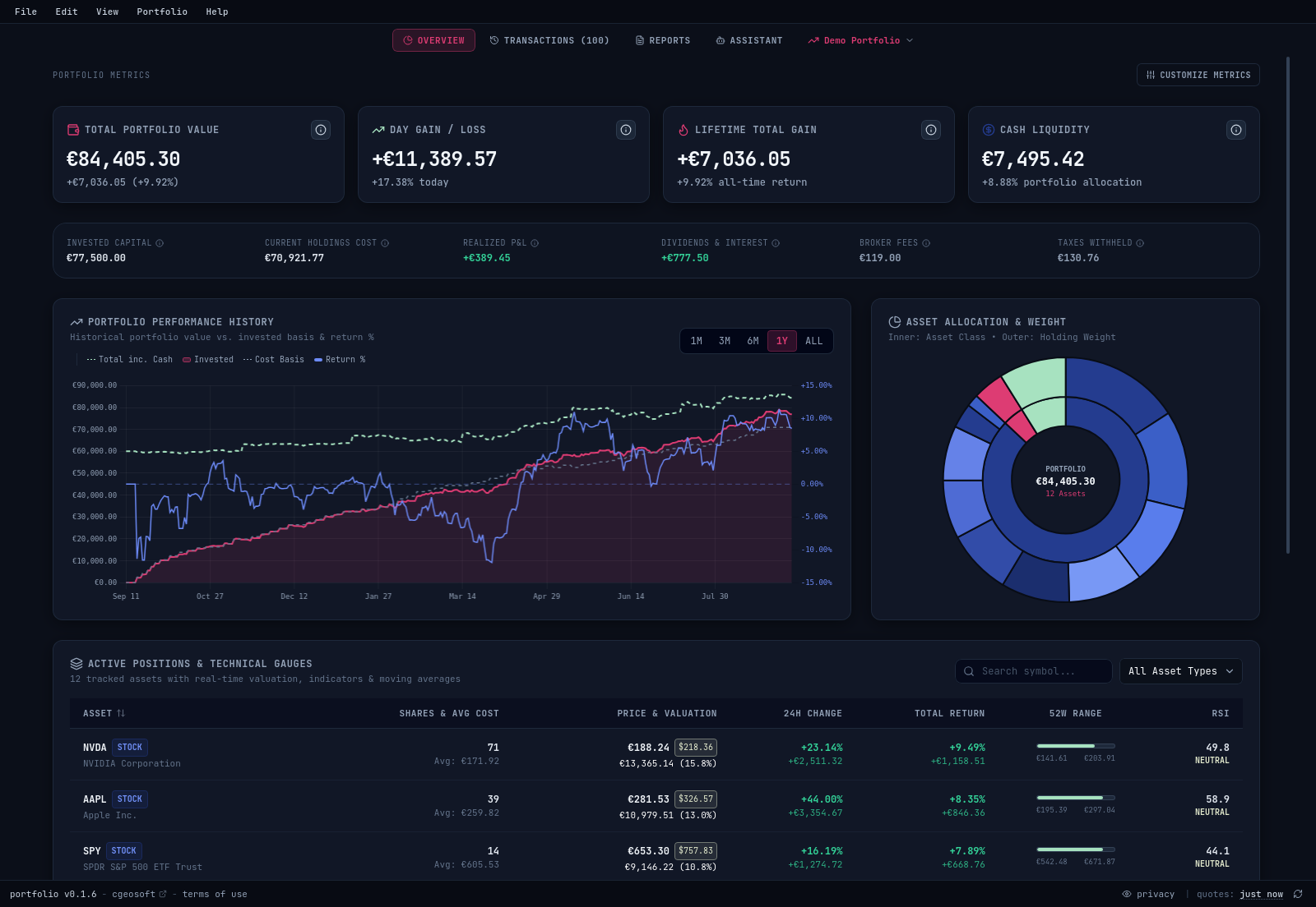Portfolio overview tab with value cards, a performance chart, an allocation chart and a table of holdings